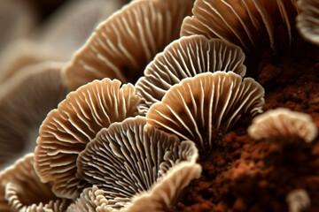 Extreme close up of mushrooms in the rays of the sun