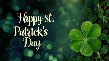 Foto op Canvas copy space, abstract illustration to the day of saint Patrick, banner with text " Happy St. Patrick's Day", four-leaf clover in the background.  Design for St. Patrick’s Day poster, background, napkin © Dirk