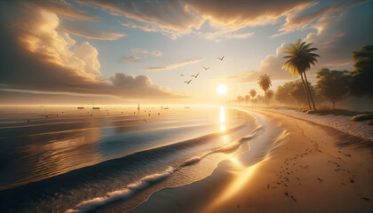 Amanecer Dorado en Playa Tropical con Palmeras, Reflejo del Sol en el Mar y Aves en Vuelo - Destino Perfecto para Vacaciones Relajantes - obrazy, fototapety, plakaty