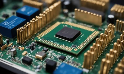 Close-up of electronic circuit board with microchips and processor