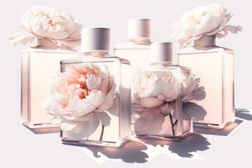 A set of five glass bottles of cosmetics with beautiful pink flowers. Mockup of beauty products with wonderful peonies on a white background. Generated by AI.