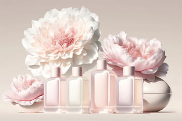 A set of glass bottles of cosmetics with beautiful pink flowers
