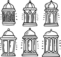 Doodle ramadan lanterns. Arabic lantern lamp. Muslim hanging lantern doodle line art.