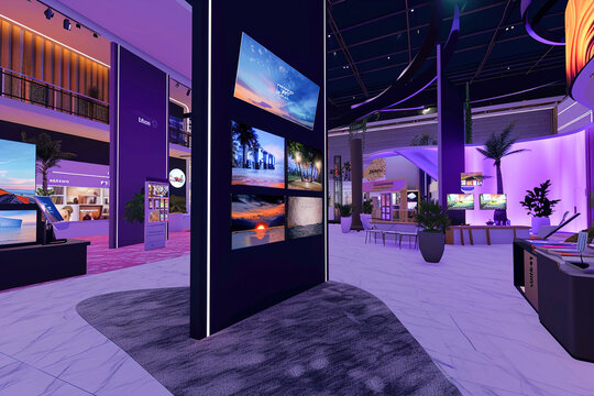 Screenshots of a virtual trade show with various exhibitors.