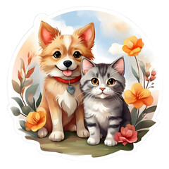 cute dog and cat happy color Watercolor sticker
