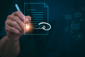 Fototapeta premium The person signing an electronic document on a smartphone, management concept, digital transformation Internet of Things, Big Data and Business Processes, Automated Operations, Data Storage