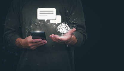 The person showing AI technology that connects information to various systems, concepts, management, digital transformation Internet of Things, Big Data and Business Processes, Automated Operations