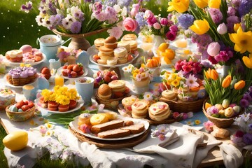 A joyful Easter picnic with a spread of delicious treats and a vibrant display of spring flowers.