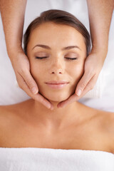 Woman, facial and massage at spa from above for beauty, skincare treatment and healing at cosmetics...
