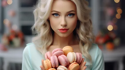 Fotobehang Fashion model blonde woman holding plate of macaroons and looking at camera. Pretty blonde girl and tasty cakes. Food and pleasure concept. Isolated on yellow background, neon, Valentine day, Easter © Viktorikus