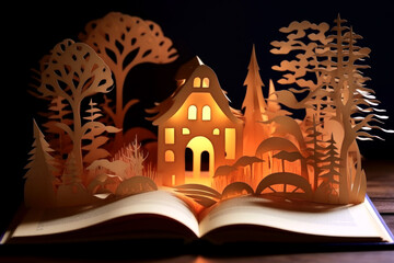 Open book with voluminous fairy-tale pattern inside on wooden table. Layered style paper cut illustration of house with light in middle and forest around it on dark background.