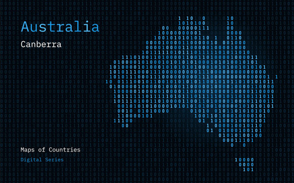 Australia Map Shown in Binary Code Pattern. Matrix numbers, zero, one. World Countries Vector Maps. Digital Series