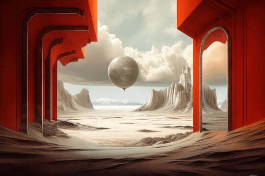 A fantastic composition with architectural elements and a silver balloon. Generated by AI.