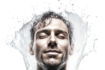 Close-up male portrait of a young attractive caucasian man laughing and splashing water.