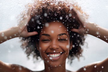 Fototapeta premium Happy black girl with curly hair in water drops. White background