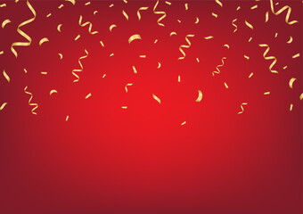 Golden Confetti on Red Background. Falling Confetti for Party, Celebration, Anniversary, Christmas or New Year.  Vector Illustration.