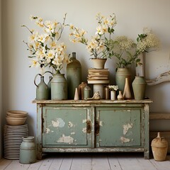 Still life with flowers in vases on a green cabinet - obrazy, fototapety, plakaty