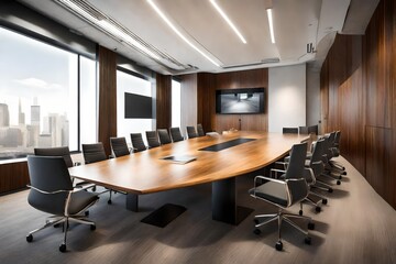 A well-lit boardroom with a polished wooden table, surrounded by modern chairs and large presentation screens.