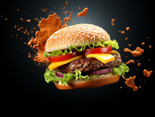 A flying meat burger with sauce coming out of it, isolated on a black background. Created with Generative AI.