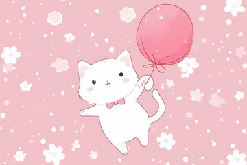 A white cat with a bow tie holding a pink balloon