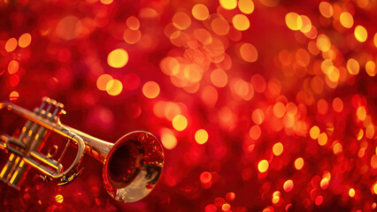 Glowing Elegance: A Close-Up of a Trumpet Against a Red Bokeh Background, Horizontal Poster or Sign...