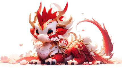 A very cute little red and white dragon, happy Chinese New Year 2024, Dragon Year.
