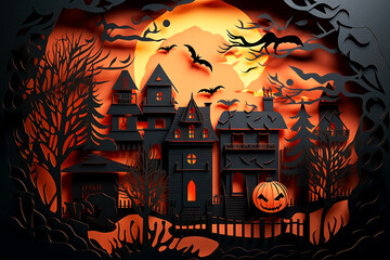 Halloween night composition with old castle, scary forest, bats and pumpkin. Modern paper cut style flyer or invitation template for halloween party. Generative AI