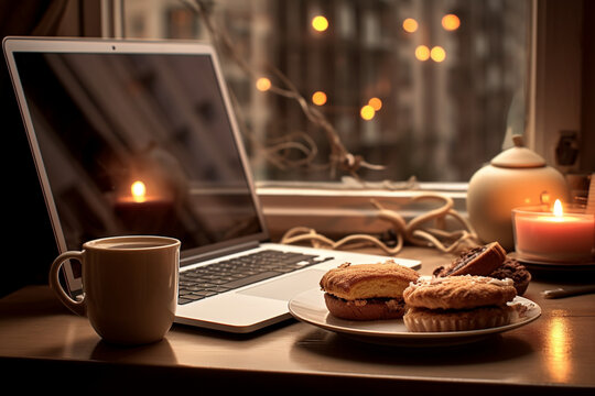 A laptop, a cup of coffee and French desserts on a table in a Parisian hotel.