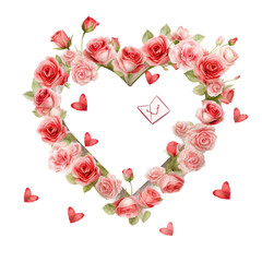  Heart shaped Frame made of pink  Roses isolated on transparent background. Valentine's Day Elegance A Grand Heart of Roses, a Lush Expression of Love.