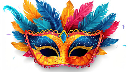 A colorful mask with feathers on a white background, Mardi Gras mask with colorful feathers.