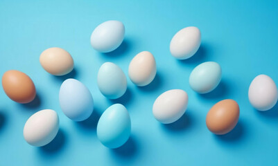 lots of colorful Easter eggs, no patterns on a blue background.