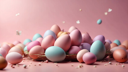 Lots of colorful Easter eggs without patterns on a pink background