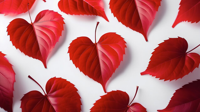 Red heart shaped leaves on a white Valentine's Day background with lots of red heart shaped leaves
