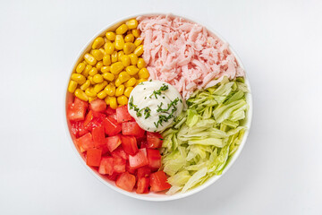 fresh salad with sauce, top view