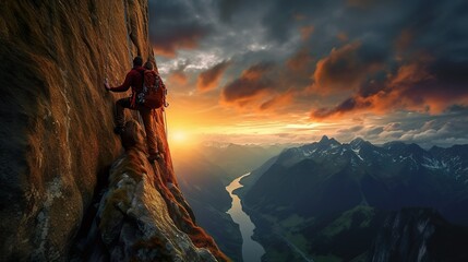 climber climbs the big rock, high mountains lofoten island, hiper northen light, midnight sun