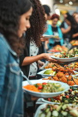 Obraz premium Close-ups of multicultural people enjoying local delicacies in the vibrant atmosphere.