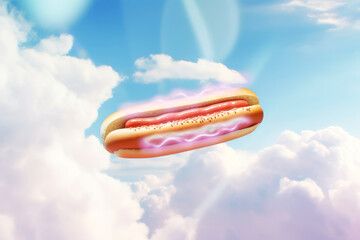 An appetizing magic hotdog against a beautiful blue sky with fluffy white and pink clouds.Generated by AI.