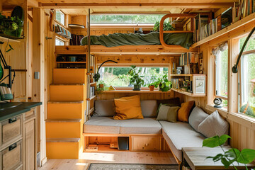 Obraz na płótnie Canvas Cozy interior shots showcasing multifunctional furniture in tiny homes.
