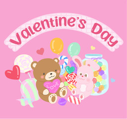 Cute Valentine's Day illustration with teddy bear and rabbit doll and candies