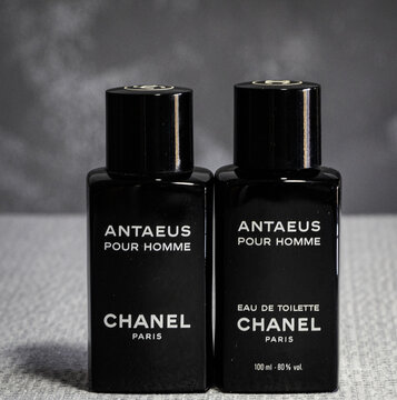 Two black bottles of Chanel's refined men's fragrance Antaeus.Milan - Italy,13 january 2023