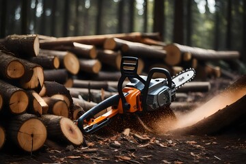 An HD photograph of a well-maintained chainsaw in use, cutting through a dense pile of logs in a forest setting. - obrazy, fototapety, plakaty