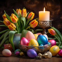 Obraz na płótnie Canvas painted Easter eggs in a basket