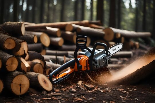 An HD photograph of a well-maintained chainsaw in use, cutting through a dense pile of logs in a forest setting.