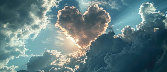 Heart-shaped cloud formation against a blue sky with radiant sunlight.