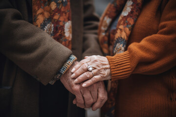 Close-up of aged hands. The female hand of a senior lady with rings on her fingers and a neat manicure covers the old male hand of her husband. Generated by AI.