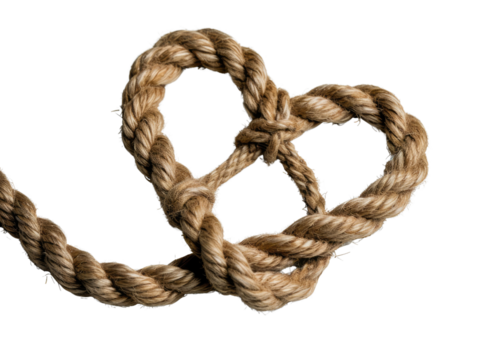 A heart shaped from rope, representing enduring love and connection on transparent background.