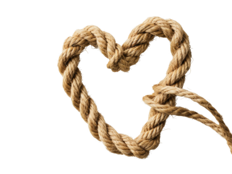 Rope twisted into a heart shape, symbolising strength and love on transparent background.