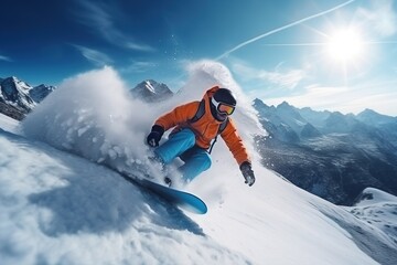 skier jumping in the snow mountains on the slope with his ski and professional equipment on a sunny day, Illustration Winter Sport, Snowboard and Skii
