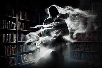 Foggy ghost in the library at night. Abstract illustration.