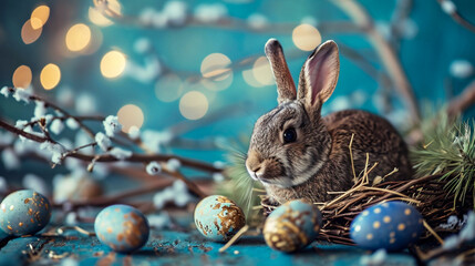Fototapeta na wymiar Easter bunny and Easter eggs on blue background with bokeh